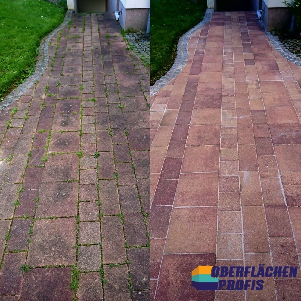 Referenz: Reinigung eines gepflasterten Gehwegs mit Natursteinen